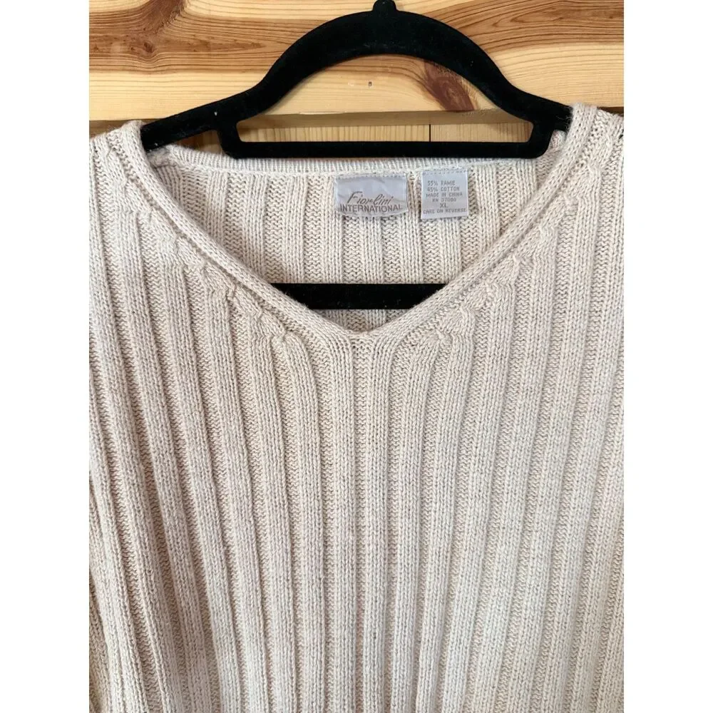 Vintage Y2K Cream Ribbed V Neck Sweater Womens XL Coastal Grandmother Minimalist